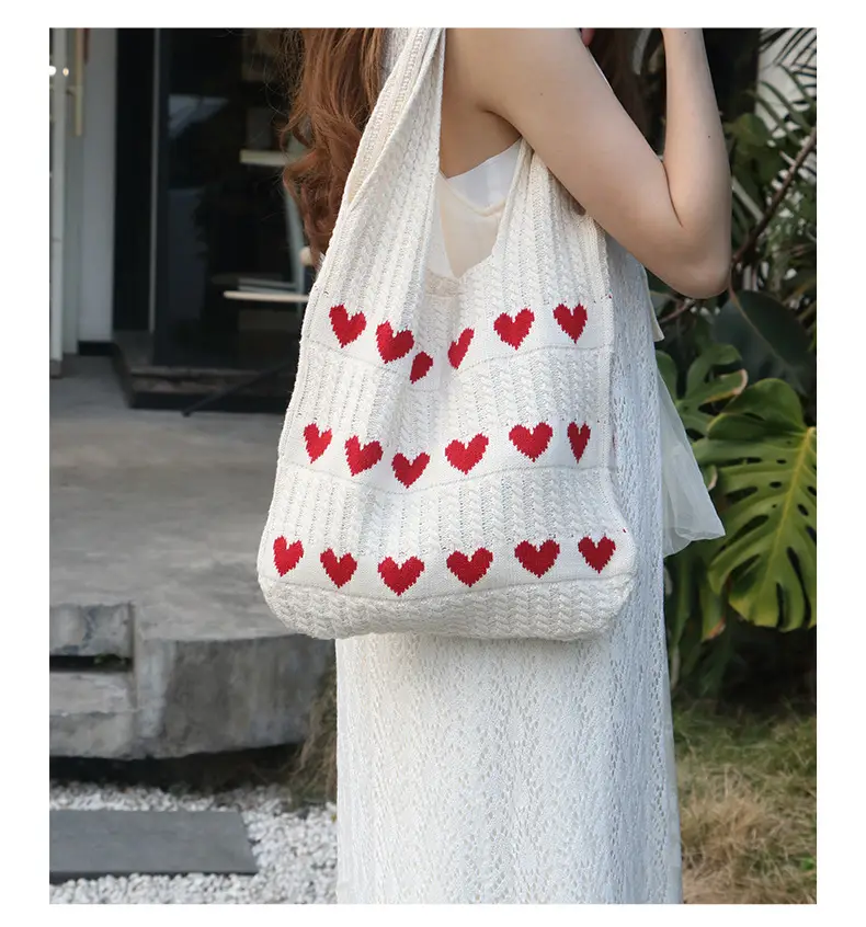 Knitted Heart Tote Bag Large Capacity Women's Shoulder Bag — feature 15