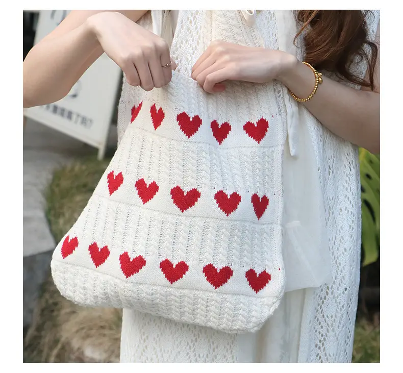 Knitted Heart Tote Bag Large Capacity Women's Shoulder Bag — feature 16