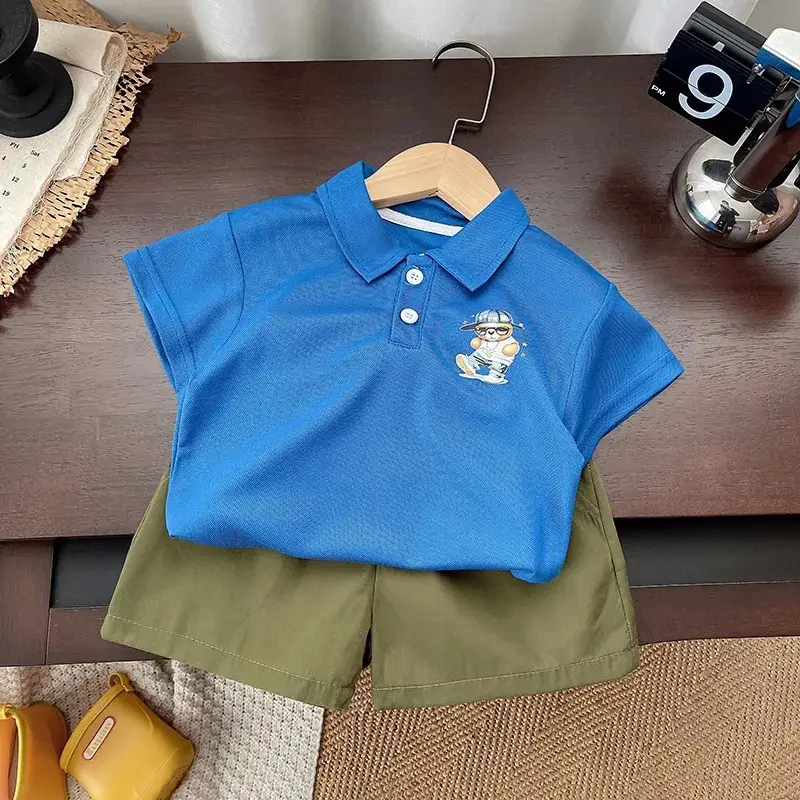 2025 Summer Boys T-Shirt Shorts Set Yellow Blue - Image 2