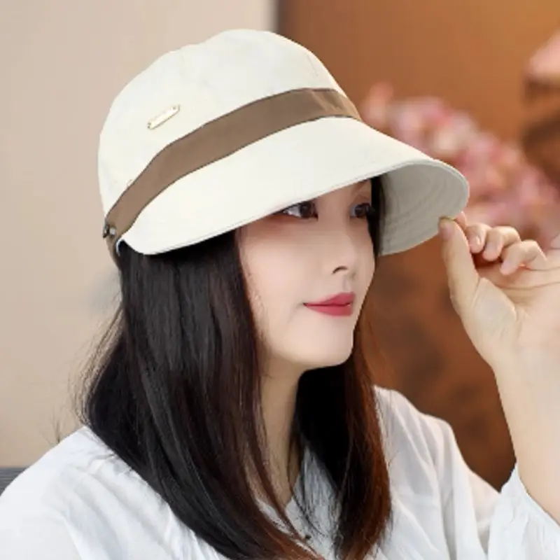 Women Sun Hat White Brown Large Bristle Fisherman Design