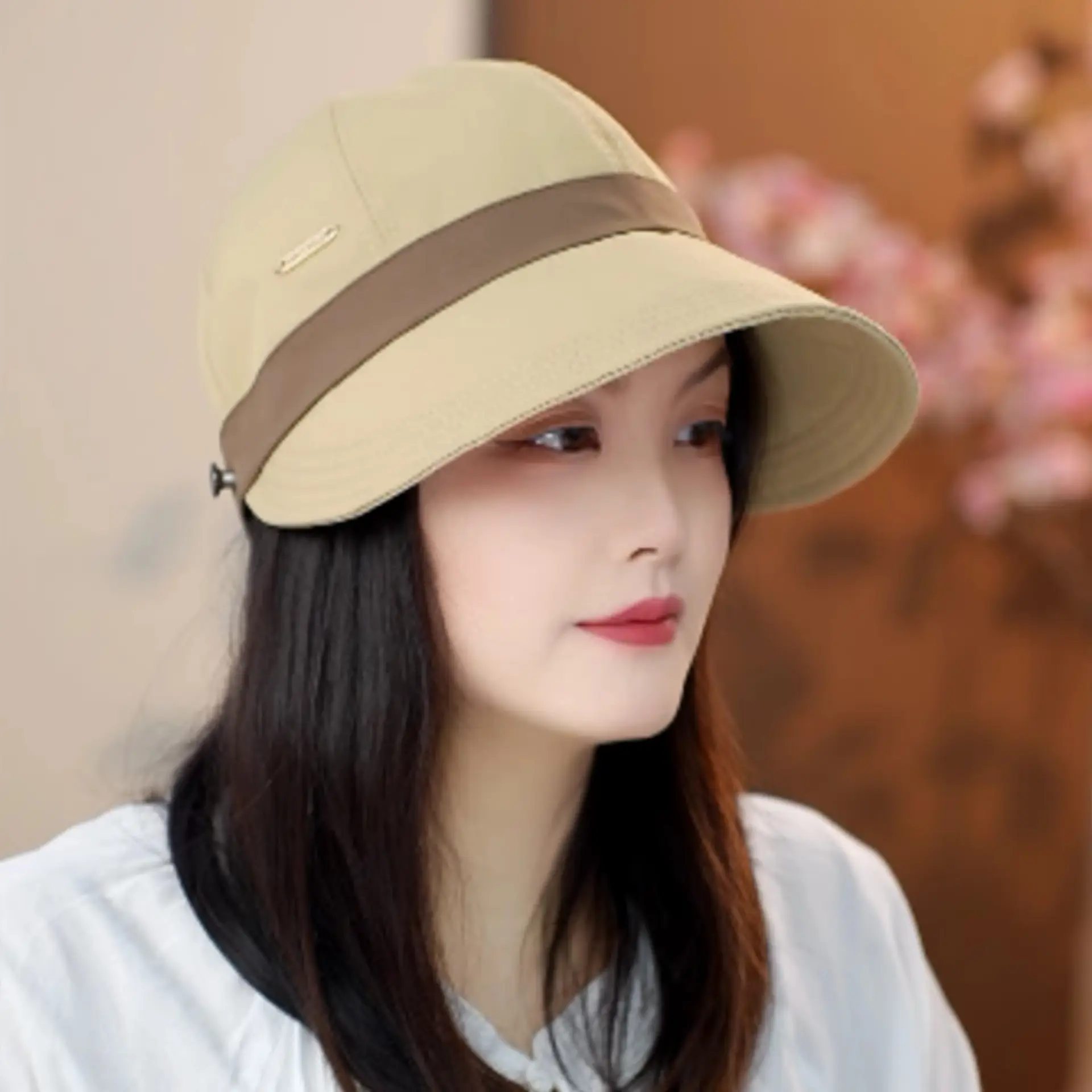 Women Sun Hat White Brown Large Bristle Fisherman Design — feature 2