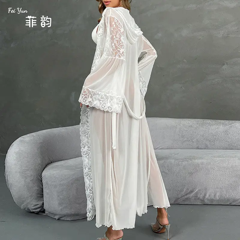 White Lace Mesh Bathrobe Set for Women