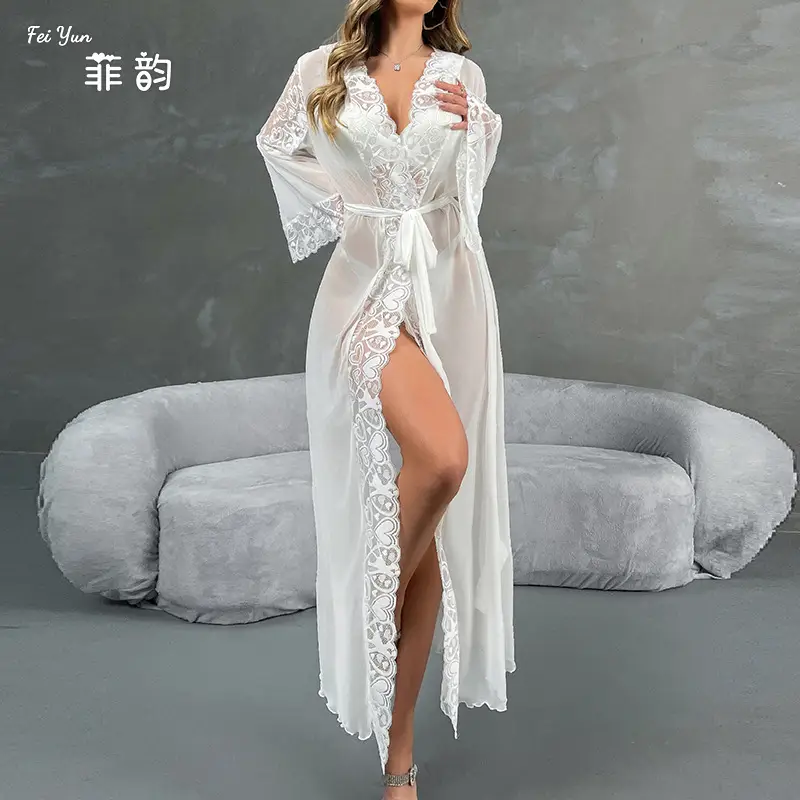 White Lace Mesh Bathrobe Set for Women