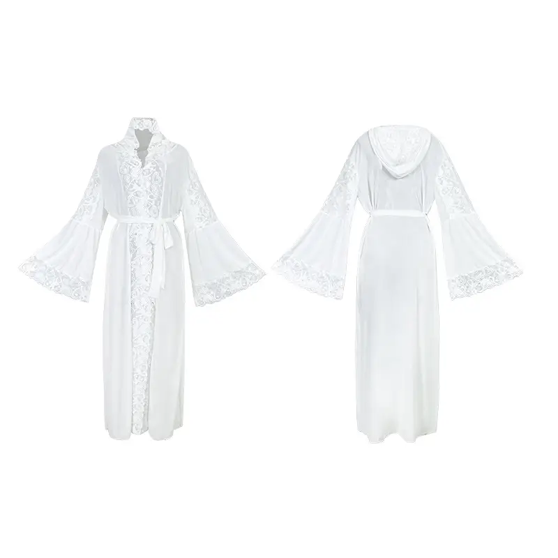 White Lace Mesh Bathrobe Set for Women