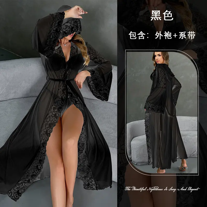 White Lace Mesh Bathrobe Set for Women