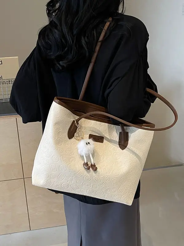 Women's White Embossed Shoulder Bag with Pink Handle & Doll Key