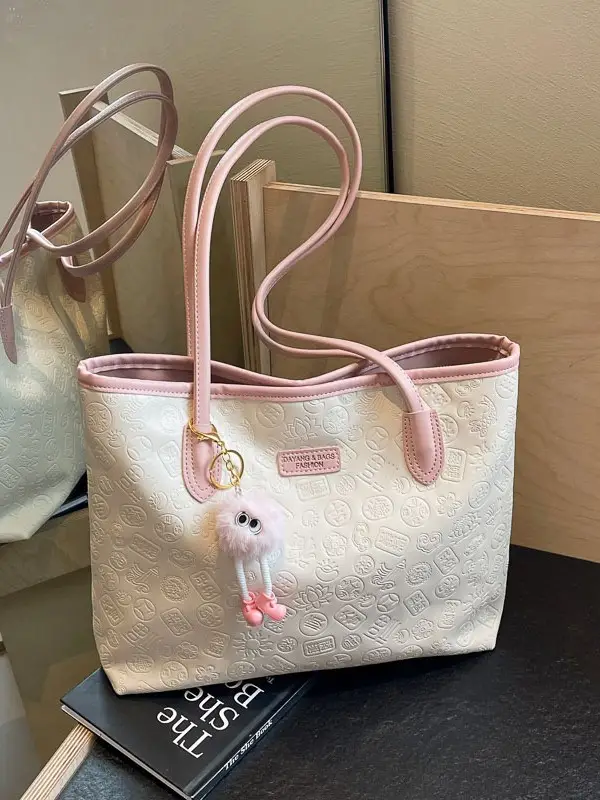 Women's White Embossed Shoulder Bag with Pink Handle & Doll Key