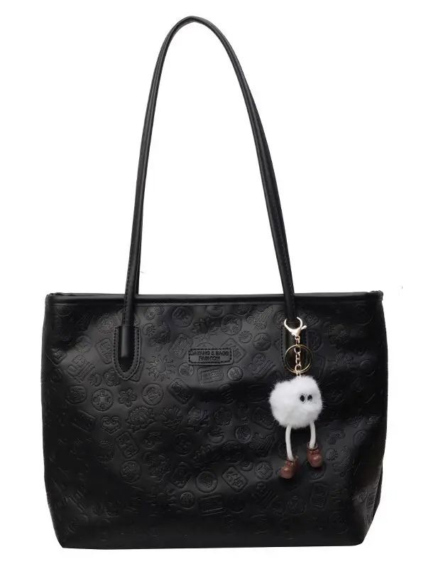 Women's White Embossed Shoulder Bag with Pink Handle & Doll Key