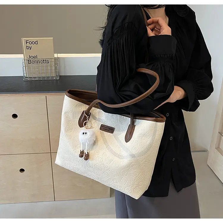Women's White Embossed Shoulder Bag with Pink Handle & Doll Key — feature 18