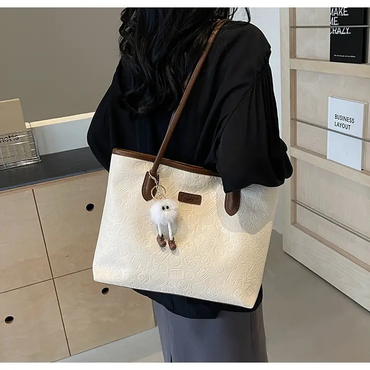 Women's White Embossed Shoulder Bag with Pink Handle & Doll Key — feature 19