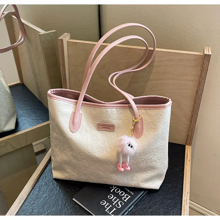 Women's White Embossed Shoulder Bag with Pink Handle & Doll Key — feature 20