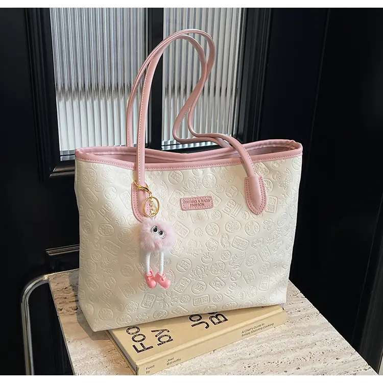 Women's White Embossed Shoulder Bag with Pink Handle & Doll Key — feature 21