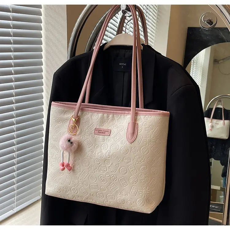 Women's White Embossed Shoulder Bag with Pink Handle & Doll Key — feature 22