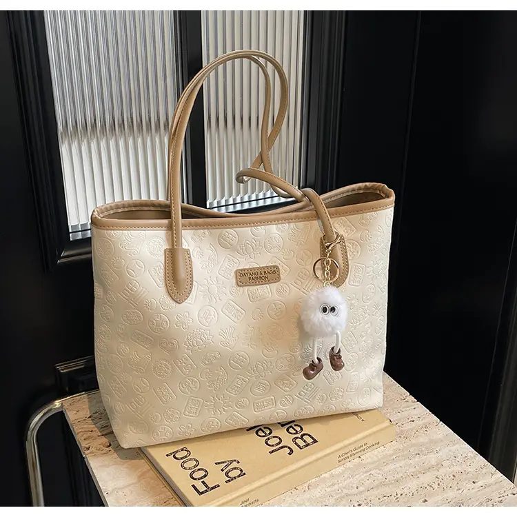 Women's White Embossed Shoulder Bag with Pink Handle & Doll Key — feature 24