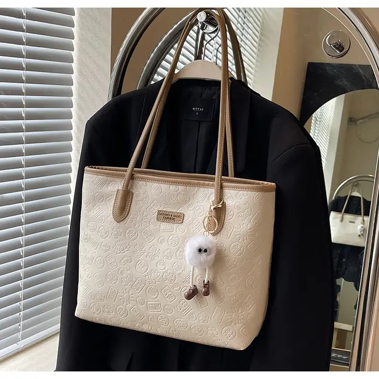 Women's White Embossed Shoulder Bag with Pink Handle & Doll Key — feature 25