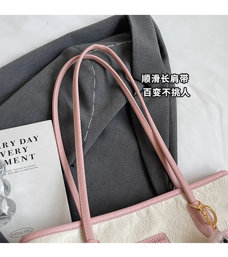 Women's White Embossed Shoulder Bag with Pink Handle & Doll Key — feature 3