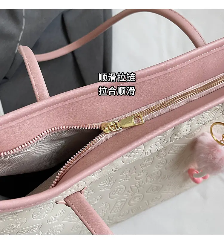 Women's White Embossed Shoulder Bag with Pink Handle & Doll Key — feature 6