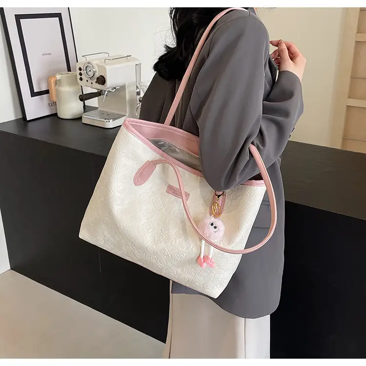 Women's White Embossed Shoulder Bag with Pink Handle & Doll Key — feature 8