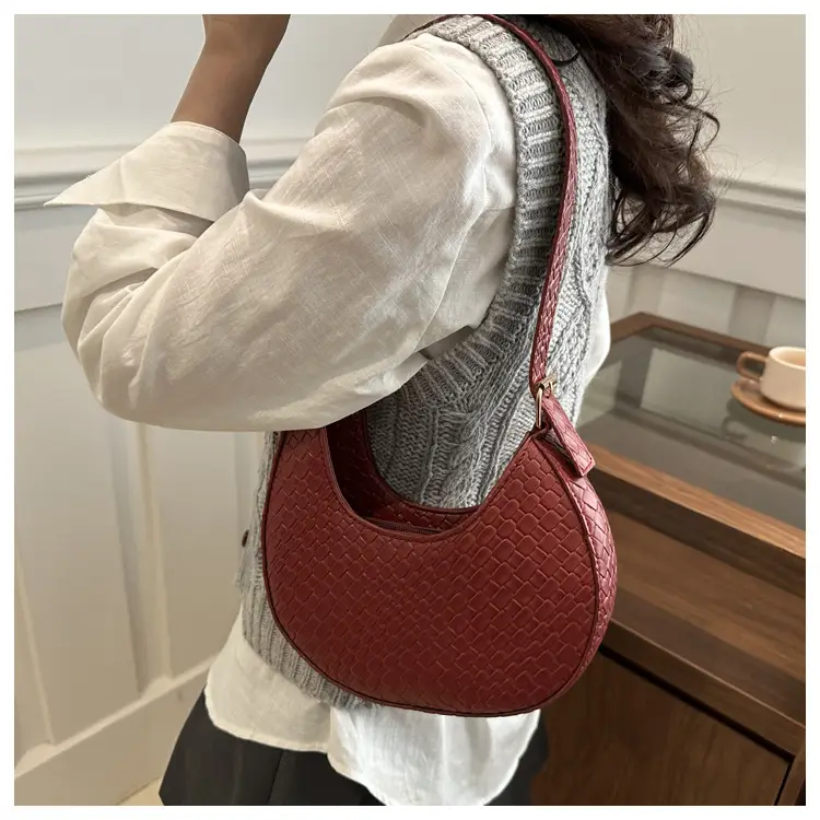 Maroon Retro Woven Crescent Shoulder Bag Women 2025 — feature 12