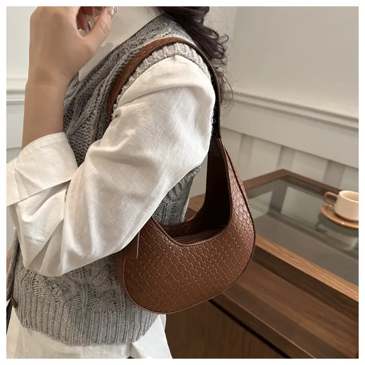 Maroon Retro Woven Crescent Shoulder Bag Women 2025 — feature 13