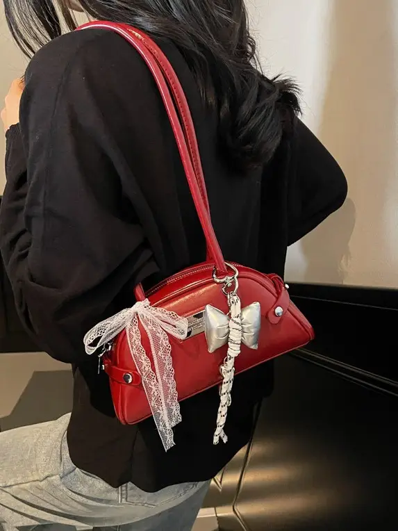 Red Korean Women's Shoulder Bag with Bow Decor - Image 9