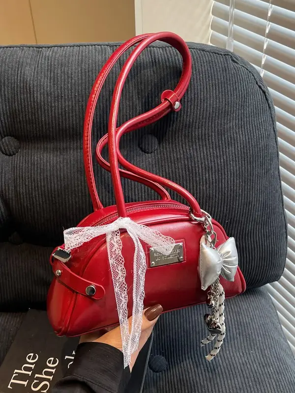 Red Korean Women's Shoulder Bag with Bow Decor - Image 10