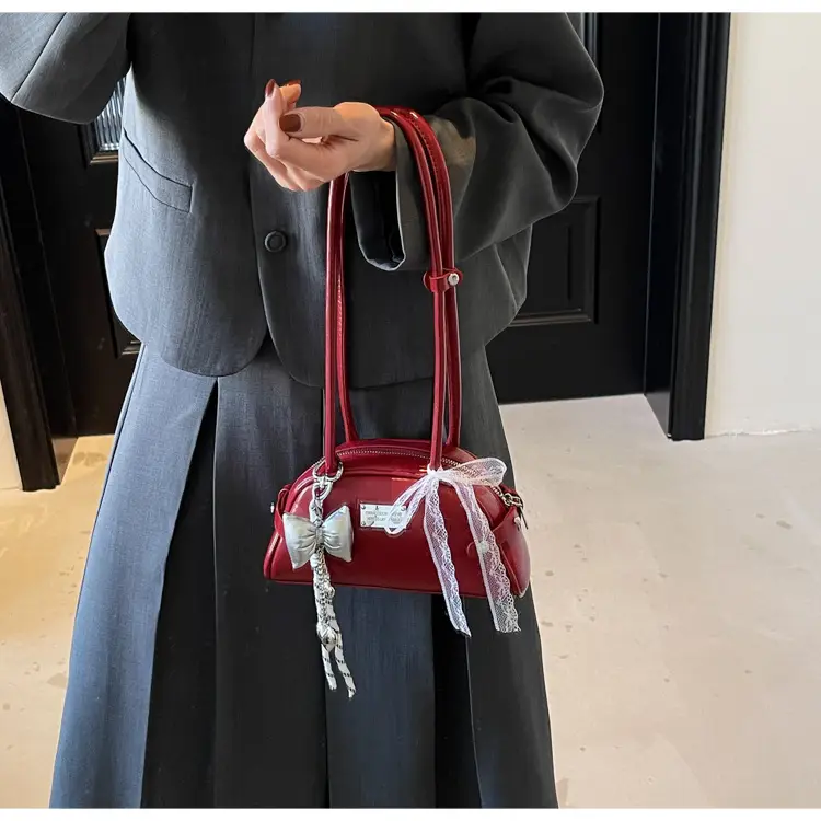 Red Korean Women's Shoulder Bag with Bow Decor — feature 15