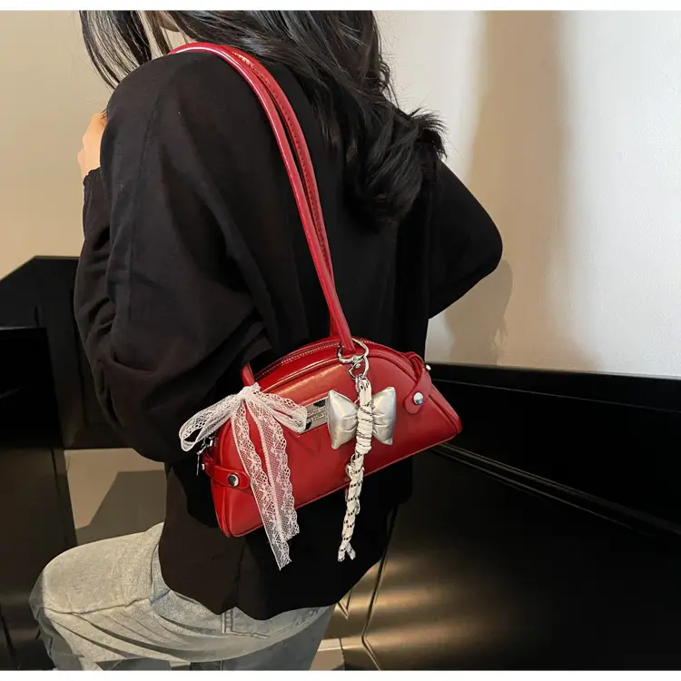 Red Korean Women's Shoulder Bag with Bow Decor — feature 16