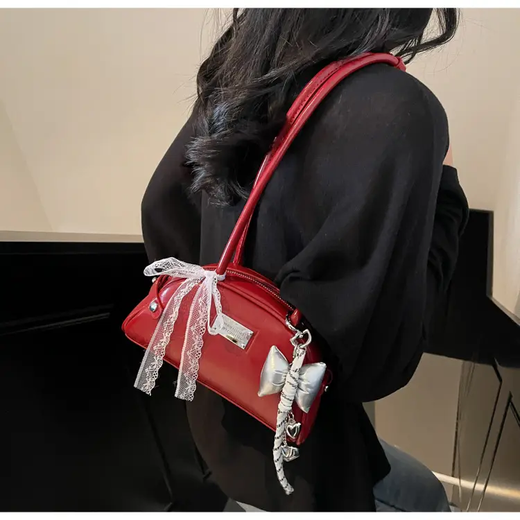 Red Korean Women's Shoulder Bag with Bow Decor — feature 17