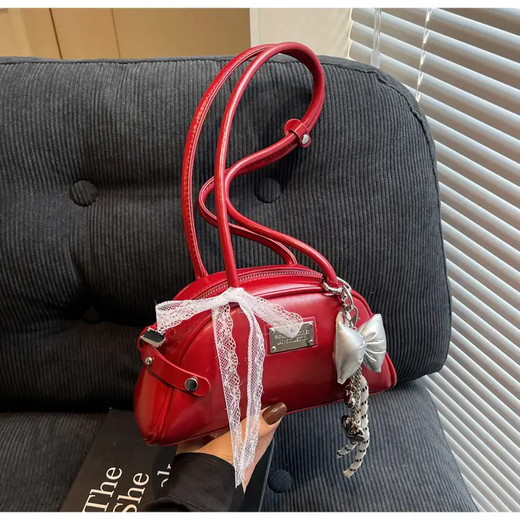 Red Korean Women's Shoulder Bag with Bow Decor — feature 24