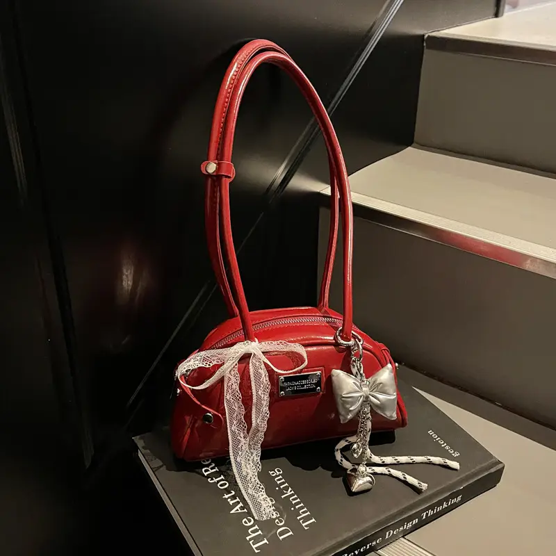 Red Korean Women's Shoulder Bag with Bow Decor - Image 2