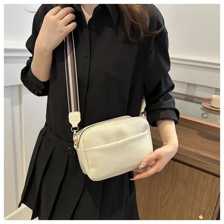 Women's White Square Messenger Bag with Wide Strap — feature 13