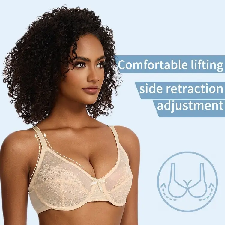 Cross-border French Sexy Lace Bra Plus Size Ultra-Thin Mesh Gathered Breathable Bra - Image 5