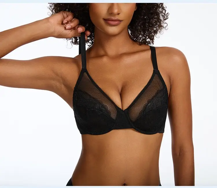 Cross-border French Sexy Lace Bra Plus Size Ultra-Thin Mesh Gathered Breathable Bra — feature 10