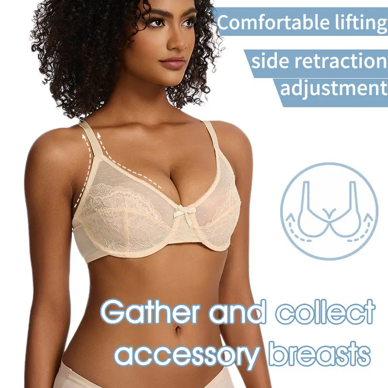 Cross-border French Sexy Lace Bra Plus Size Ultra-Thin Mesh Gathered Breathable Bra — feature 6