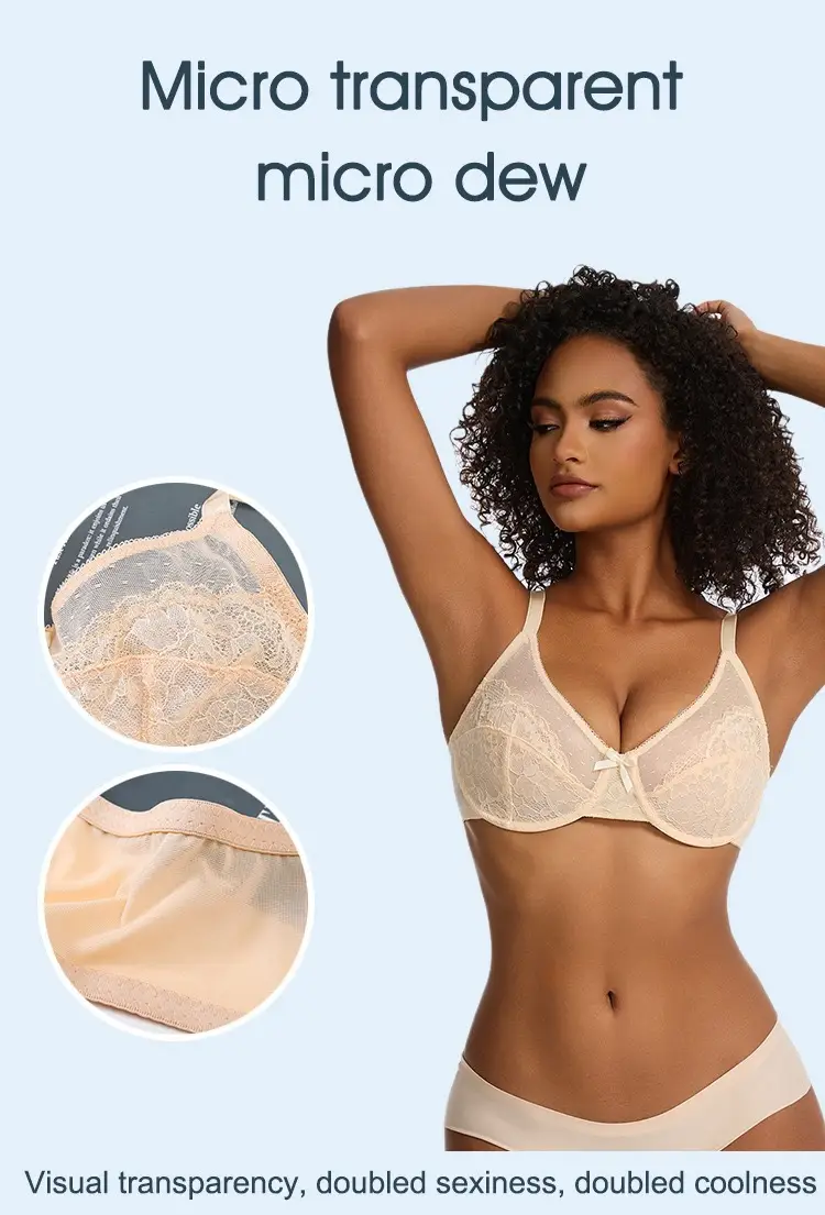 Cross-border French Sexy Lace Bra Plus Size Ultra-Thin Mesh Gathered Breathable Bra — feature 8