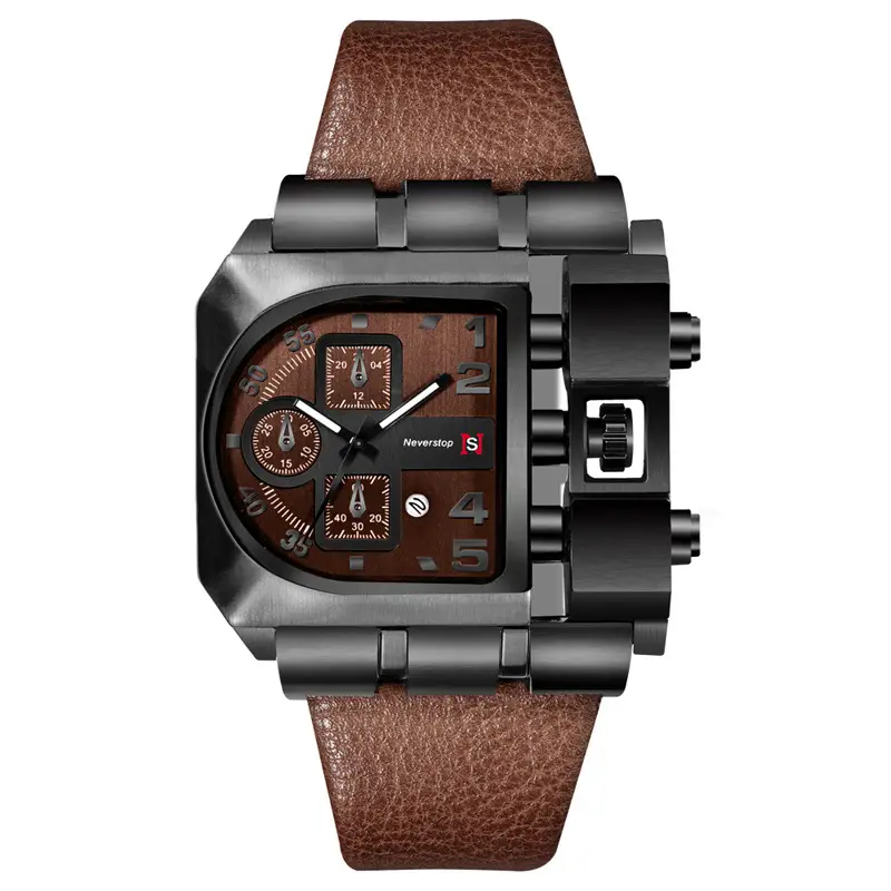 Men's Black Leather Strap Quartz Watch with Large Dial - Image 3