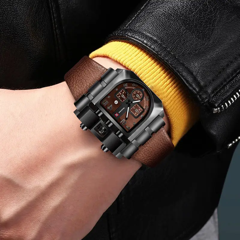 Men's Black Leather Strap Quartz Watch with Large Dial - Image 5