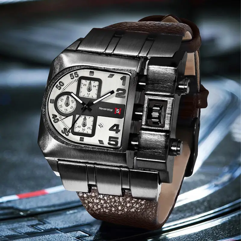 Men's Black Leather Strap Quartz Watch with Large Dial - Image 6