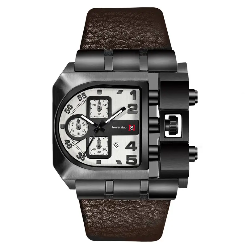 Men's Black Leather Strap Quartz Watch with Large Dial - Image 7