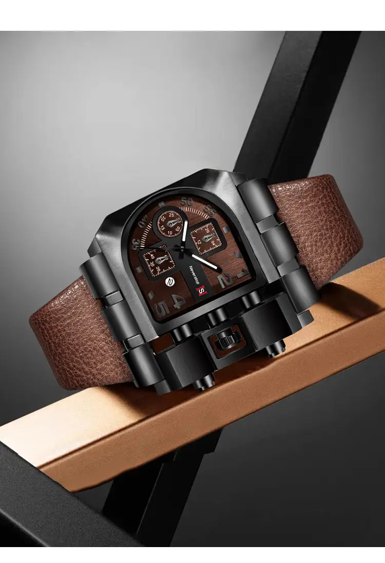 Men's Black Leather Strap Quartz Watch with Large Dial — feature 10