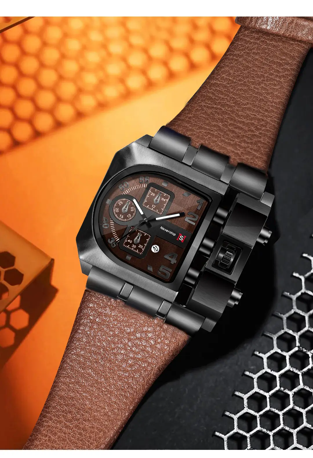 Men's Black Leather Strap Quartz Watch with Large Dial — feature 11