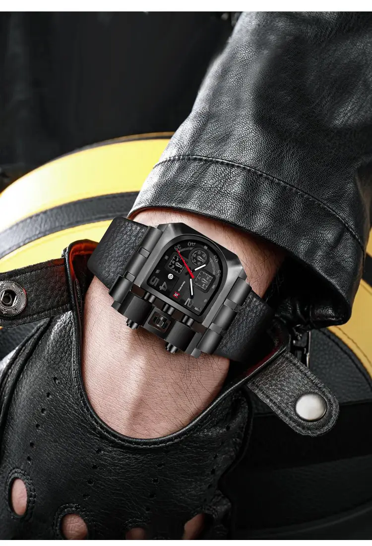 Men's Black Leather Strap Quartz Watch with Large Dial — feature 2