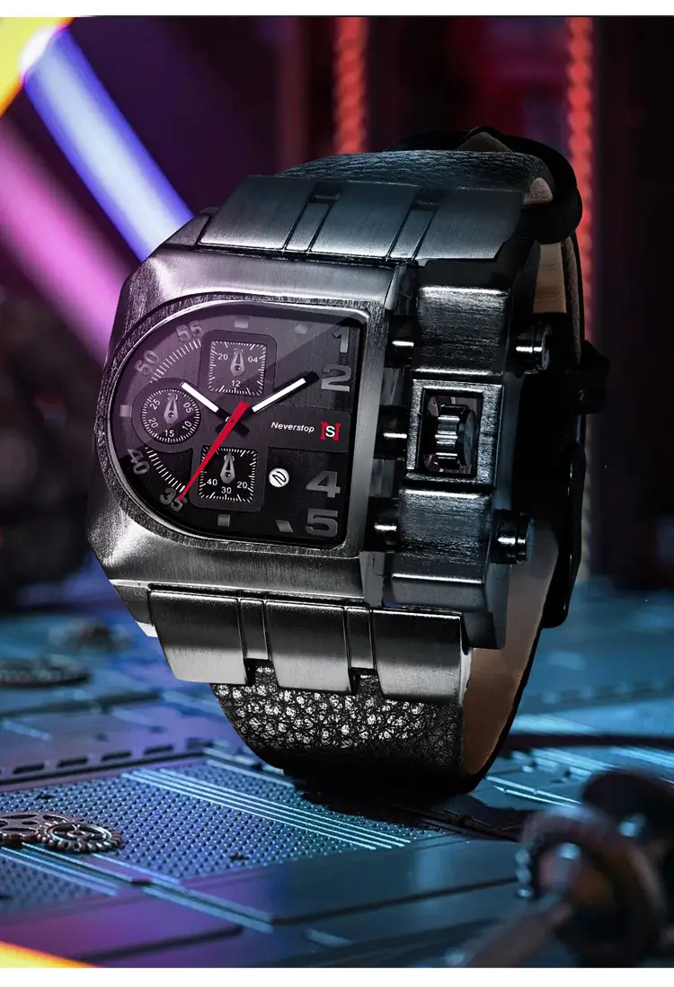 Men's Black Leather Strap Quartz Watch with Large Dial — feature 3