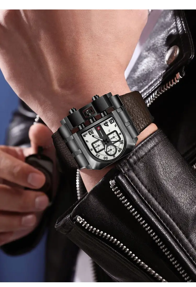 Men's Black Leather Strap Quartz Watch with Large Dial — feature 4