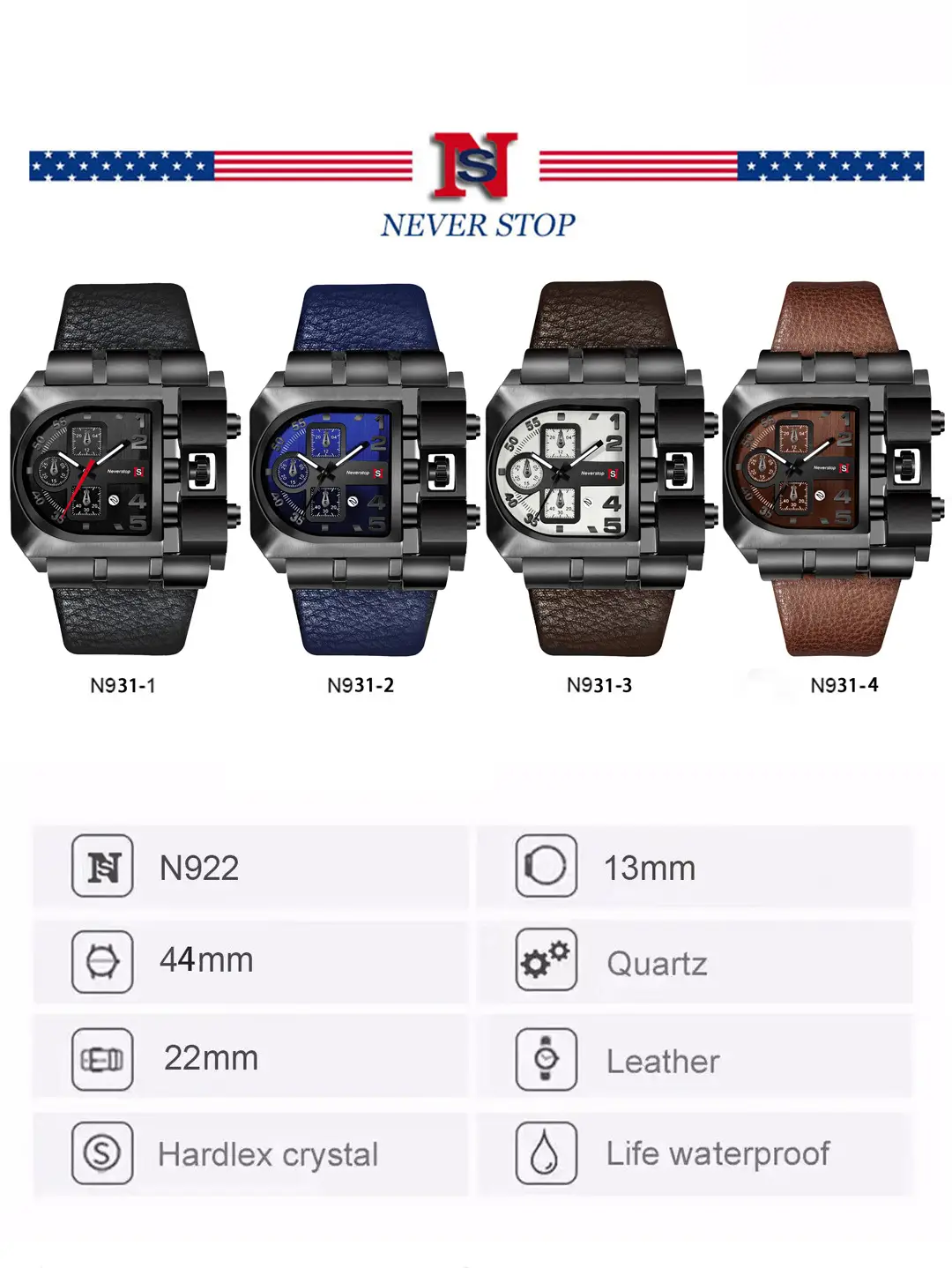 Men's Black Leather Strap Quartz Watch with Large Dial — feature 5