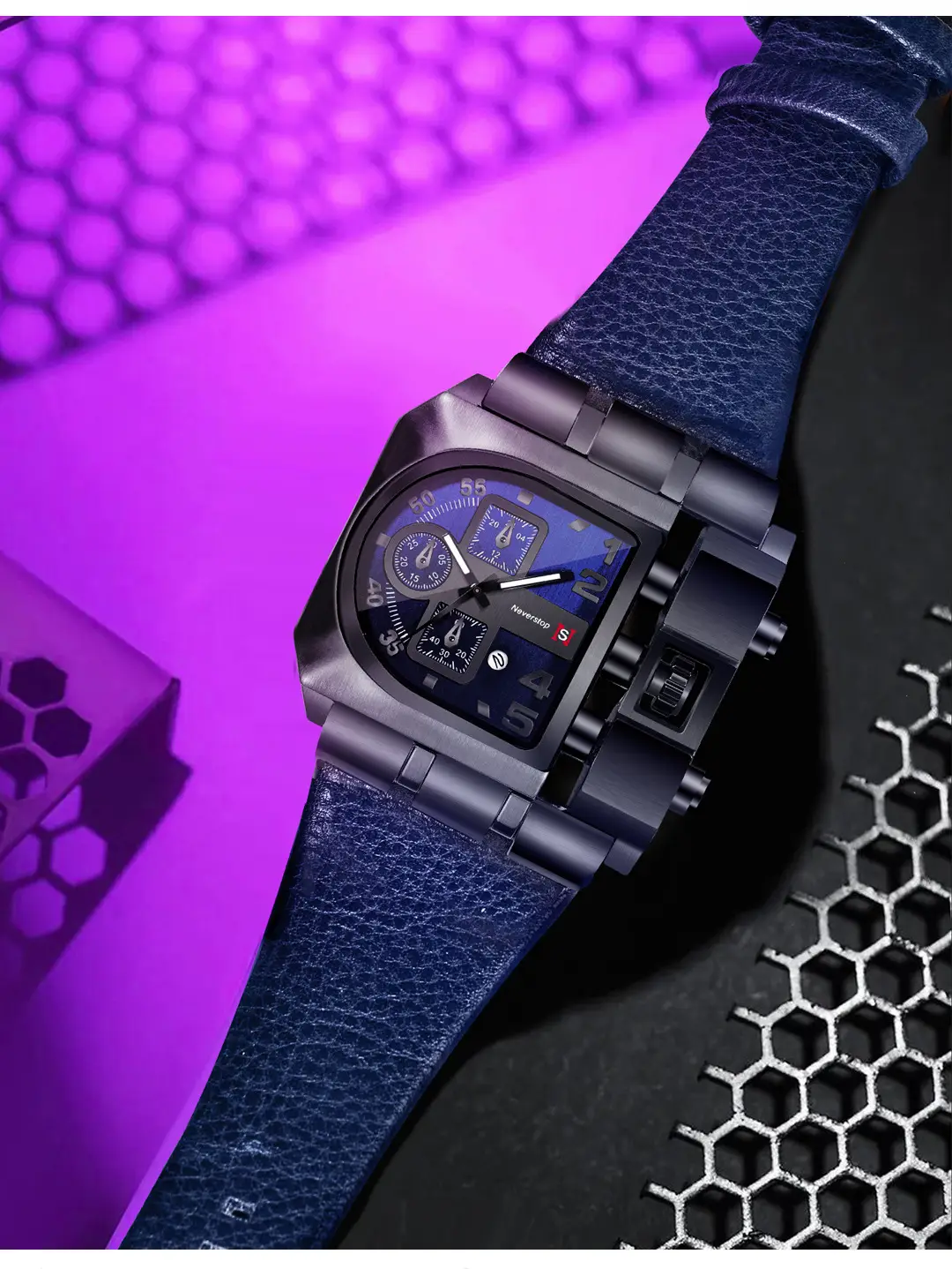 Men's Black Leather Strap Quartz Watch with Large Dial — feature 6