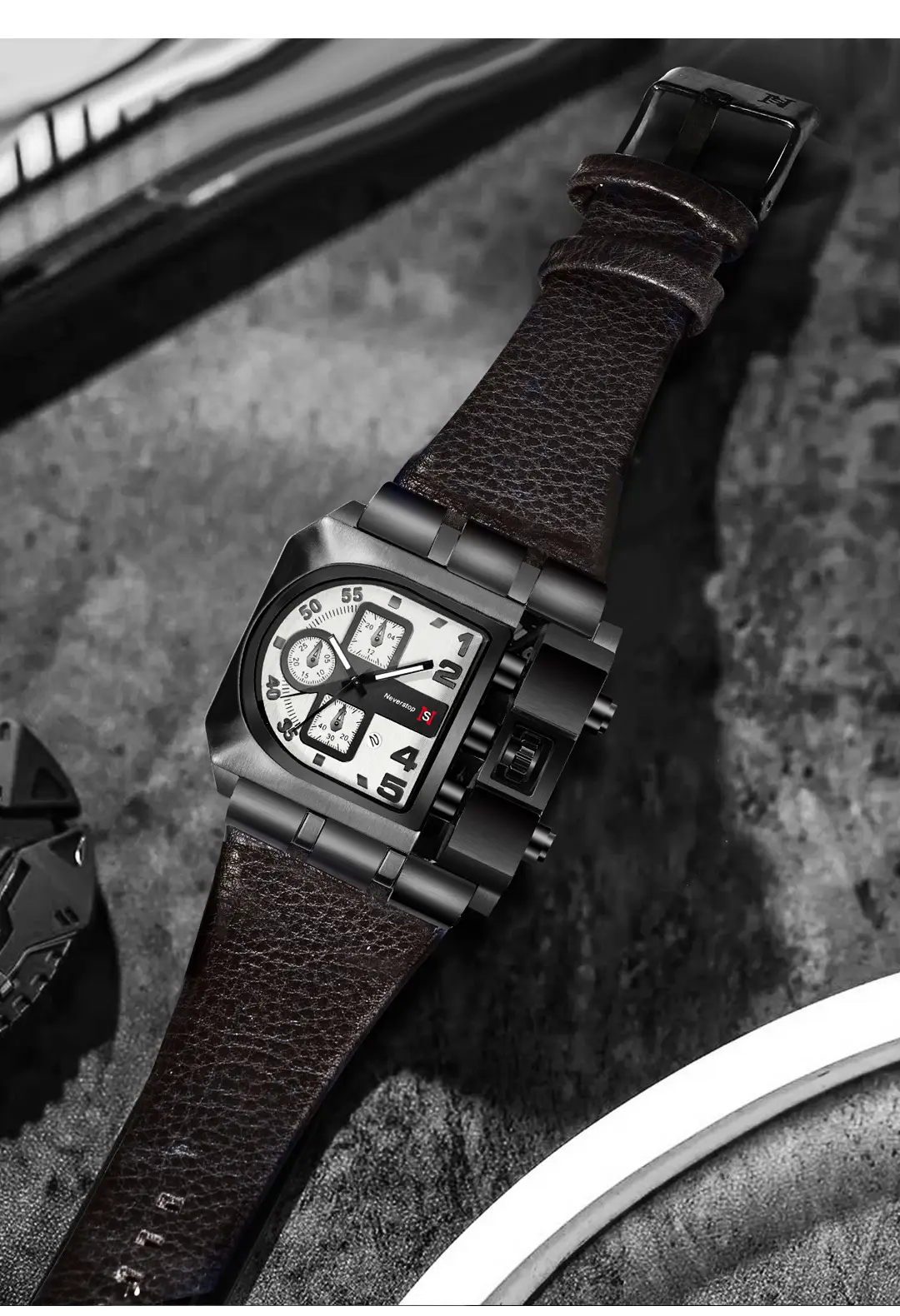 Men's Black Leather Strap Quartz Watch with Large Dial — feature 8