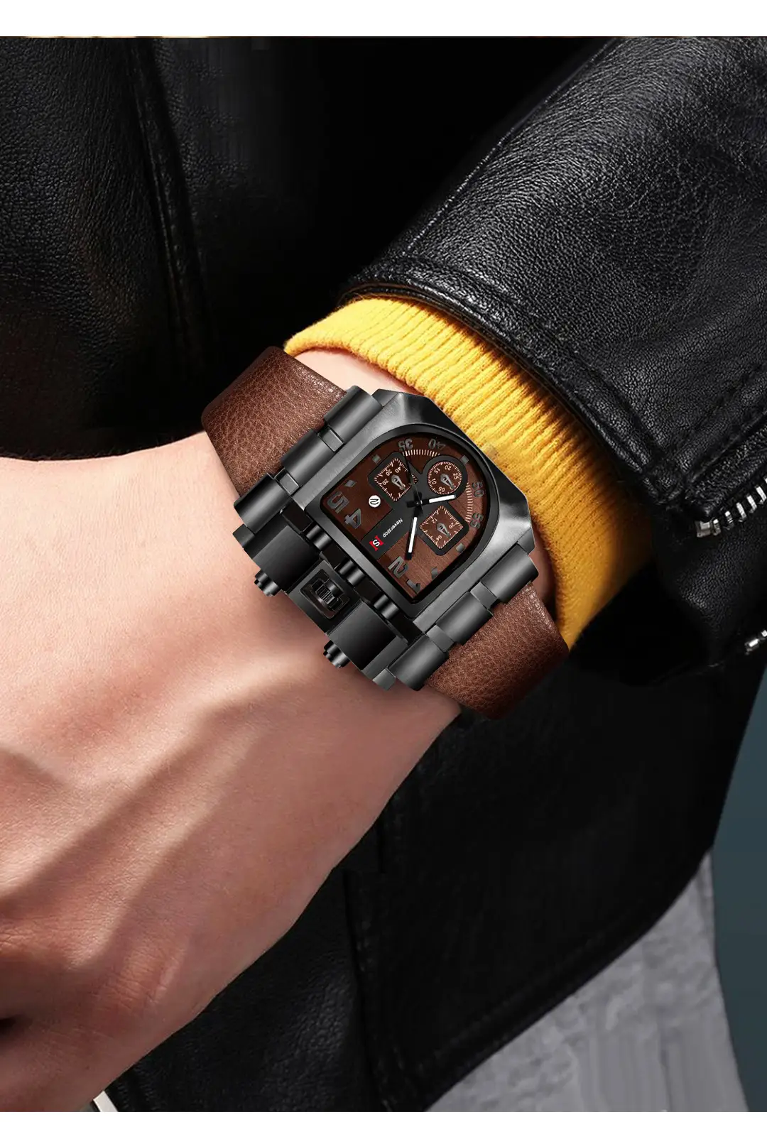 Men's Black Leather Strap Quartz Watch with Large Dial — feature 9