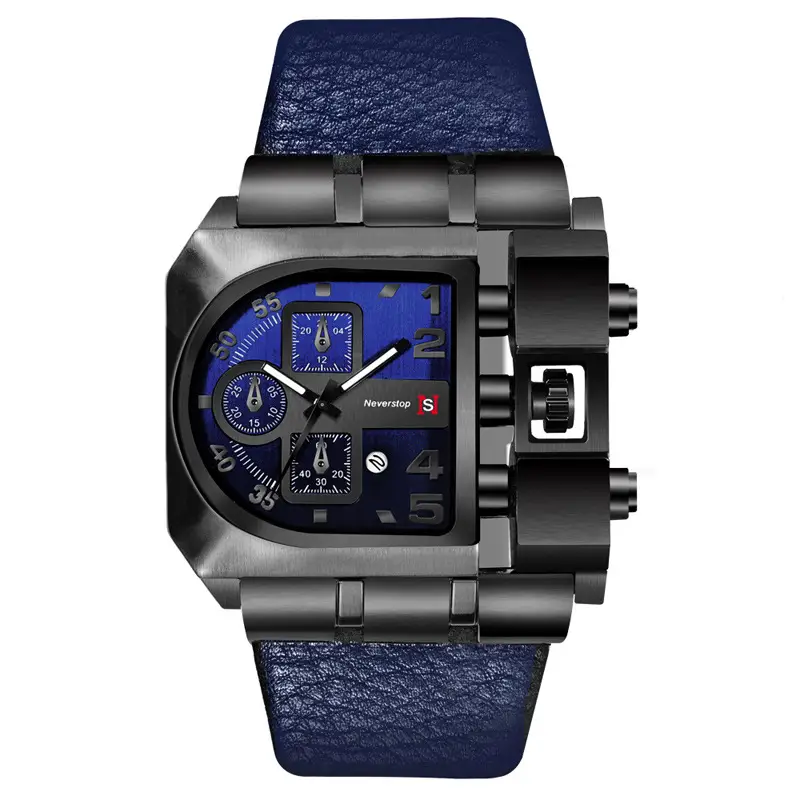 Men's Black Leather Strap Quartz Watch with Large Dial - Image 4